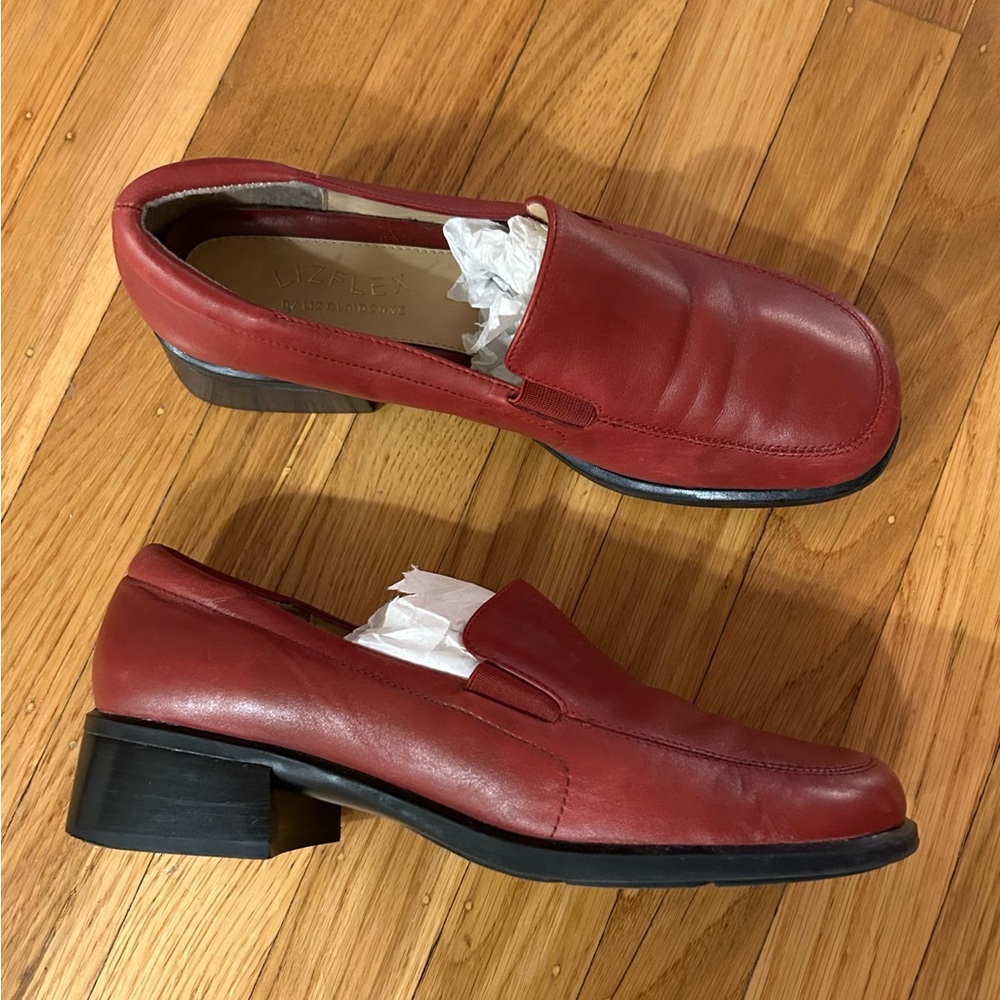 Liz claiborne, red loafers. Adorable rounded square toe. Leather upper. Size 8.5